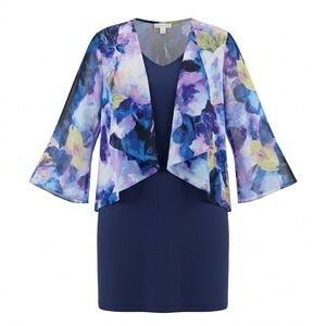Dana Buchman Dress and‎ Jacket Set Floral Blue Purple Women's Size L NEW